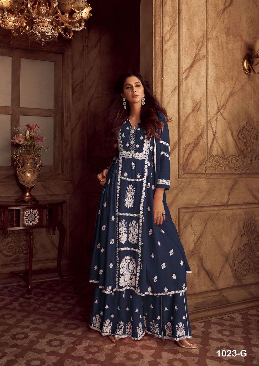 LAKHNAWI VOL 4 DARK COLOR HEAVY REYON WHITE THREAD EMBROIDERY WORK NAYRA CUT KURTI WITH PLAZZO AND NAZMIN DUPATTA BY VAMIKA BRAND 1023 G